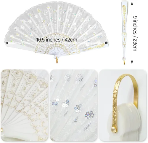 Miniatura 3 de HKACSTHI 6 paquetes de abanicos de mano plegables florales españoles blancos para mujer, abanicos de encaje para boda y decoración del hogar