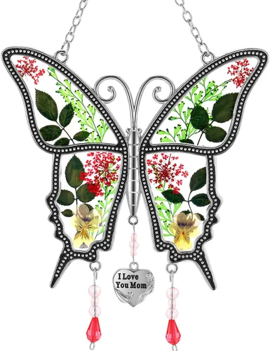 Miniatura 12 de KY&BOSAM Atrapasoles de cristal con diseño de mariposa para colgar ventanas, chaim de viento con flor preservada y dije de corazón de metal, regalo