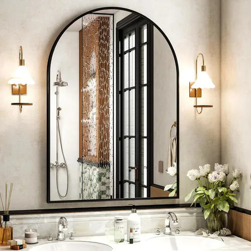 Miniatura 7 de XRAMFY Espejo de Pared Arqueado de 26" x 38" para Baño, Espejo de Tocador Dorado para Dormitorio, Sala de Estar, Entrada, Espejo Colgante Decorativo