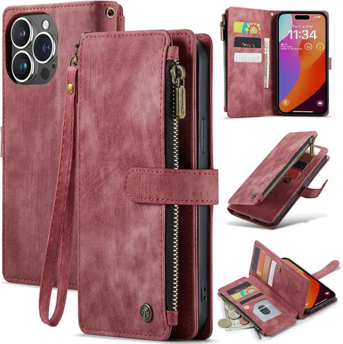 Miniatura 8 de CaseMe - Funda tipo cartera para iPhone 15 Pro Max, multifunción, hecha a mano, de piel sintética, con cremallera, a prueba de golpes, con cierre