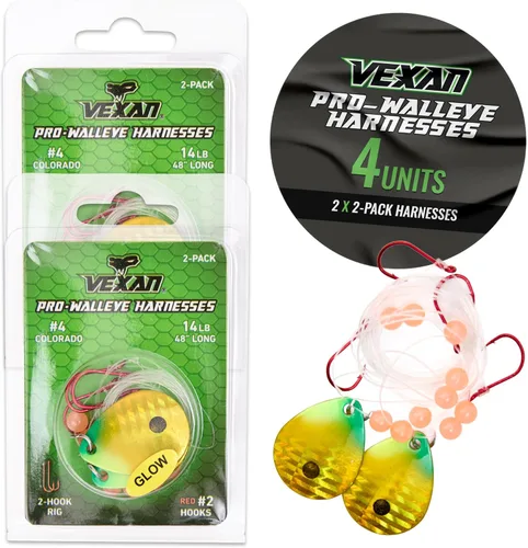 Vexan Glow Walleye Spinner Rig - Live Bait Fishing Rig for Walleye with UV Glow Beads, #4 Colorado Spinning Plates, #2 Red J-Hook Setup, 48” Mono