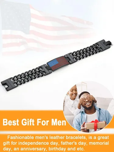 Miniatura 4 de U7 Bracelets for Men American Flag Bracelets 4th of July Jewelry Leather Wristband Stainless Steel18K Gold PlatedBlack Cuban Link Chain Bracelets