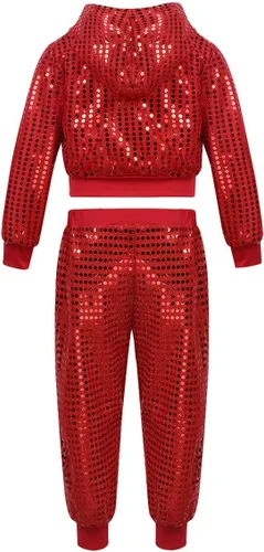 Miniatura 2 de inhzoy Conjunto de lentejuelas para niña, danza callejera, hip hop, danza, rendimiento, con capucha y pantalones de harén