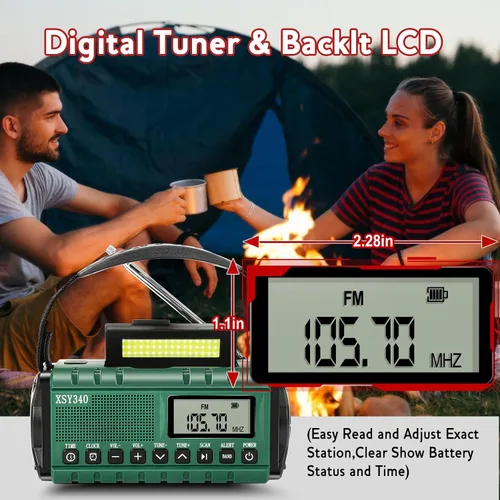 Miniatura 5 de Radio de emergencia NOAA de alerta meteorológica con energía solar y manivela de mano USB-C carga portátil radio AM/FM 3W, lámpara de lectura