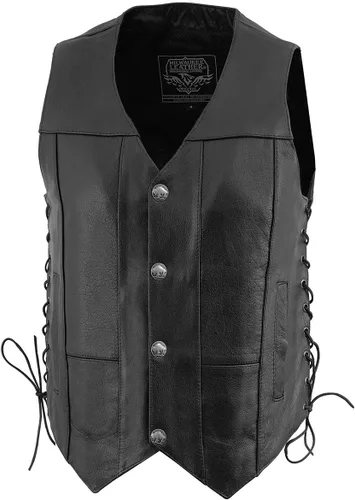 Miniatura 5 de Milwaukee Leather LKM3701 Chaleco clásico de cuero negro para hombre con cuello en V estilo motero con broches de búfalo y cordones laterales