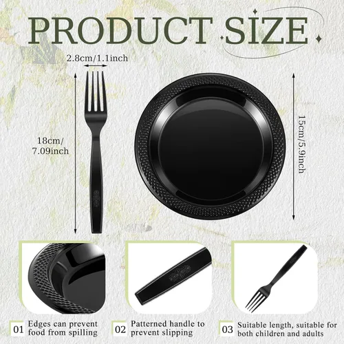 Miniatura 2 de Hushee 600 platos de postre de plástico negro de 6 pulgadas con tenedores de 7 pulgadas para aperitivo de pastel, 300 platos pequeños desechables