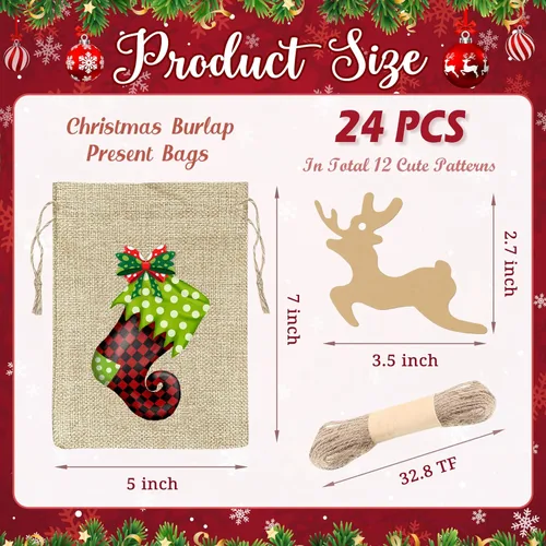 Miniatura 2 de BORAMDO Bolsas de Envolver Regalos de Arpillera de Navidad con Cordones 24 Piezas, Bolsas de Dulces de Lino a Cuadros Buffalo de Navidad