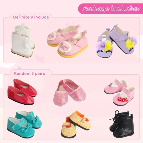 Miniatura 2 de MSYO 6 pares de zapatos de muñeca de estilo aleatorio de 18 pulgadas, calzado de muñeca de moda surtido, zapatos planos, botas y zapatos