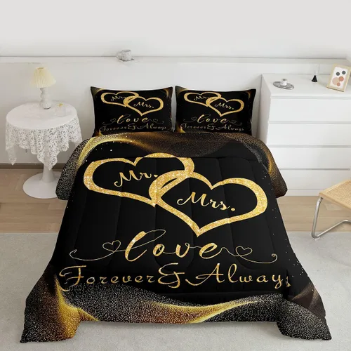 Miniatura 2 de Erosebridal Juego de edredón para parejas, juego de ropa de cama tamaño individual con lentejuelas doradas con purpurina dorada, edredón acolchado