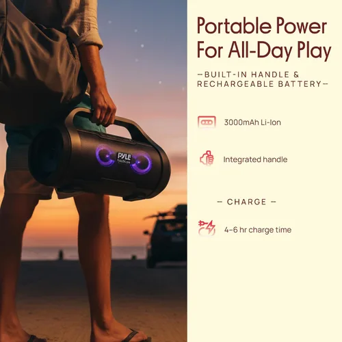Miniatura 5 de Pyle Altavoz portátil Bluetooth Boombox – 40 W de potencia máxima, 2.0 canales recargable estilo barril altavoz con TWS, luces LED – entrada AUX