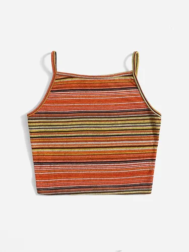 Miniatura 2 de MakeMeChic Camiseta corta a rayas para mujer, estilo casual, tirantes delgados, chaleco sin mangas