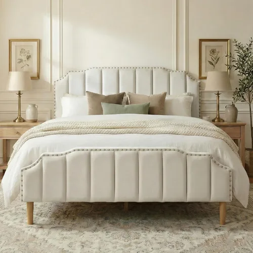 Miniatura 11 de Base de cama matrimonial con cabecera de almacenamiento con respaldo alado de 51.8 pulgadas, plataforma tapizada gris con estación de carga (tipo C)