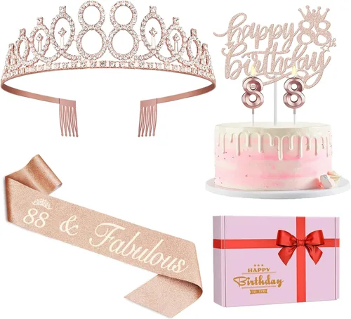 Miniatura 60 de Decoraciones de cumpleaños de 24 años para mujeres, incluyendo banda de cumpleaños, tiara/corona, velas numéricas y decoración de pastel, regalos