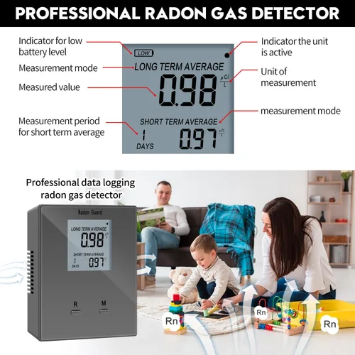 Miniatura 3 de Detector de radón para el hogar, medidor de radón portátil, monitor de radón a largo y corto plazo, alimentado por batería, previene niveles Gris