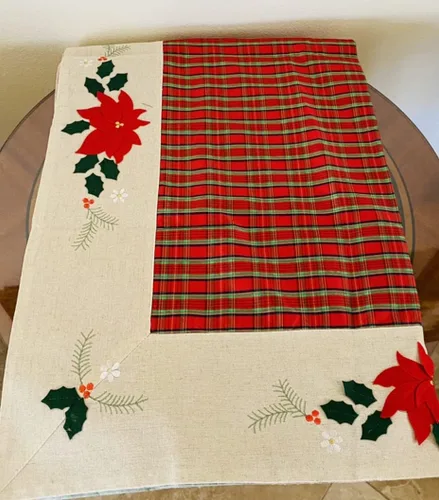 Miniatura 3 de AMT - Mantel de lino bordado de Navidad con diseño elegante (36 x 36 pies cuadrados/redondo)