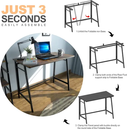Miniatura 6 de ASTARTH Escritorio plegable de 40 pulgadas, mesa plegable que ahorra espacio, mesa de PC de estilo simple moderno, marco de metal negro, escritorio