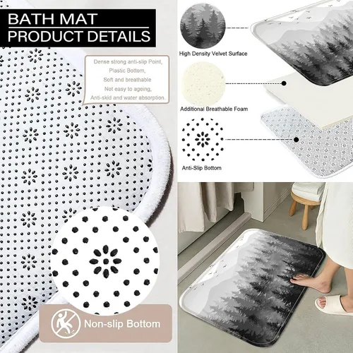 Miniatura 6 de Fungarth Juego de 4 cortinas de ducha de bosque brumoso negro y blanco con alfombra, juegos de baño de montaña con cortina de ducha de tela
