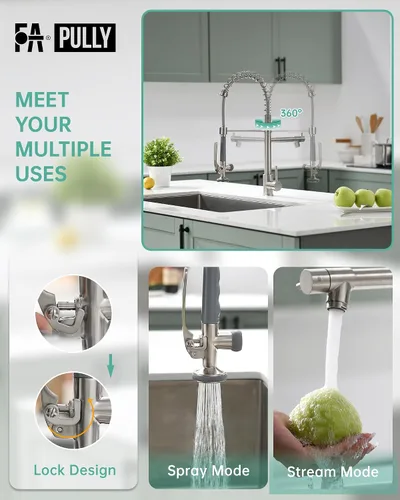Miniatura 4 de Fapully - Grifo de fregadero de cocina comercial extraíble con espray níquel cepillado
