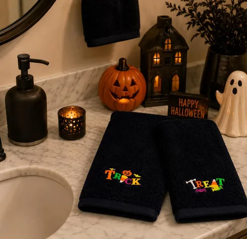 Miniatura 3 de Juego de 2 toallas de mano decorativas de Halloween, toallas de algodón de terciopelo de felpa negra con diseño bordado de truco o trato, toallas