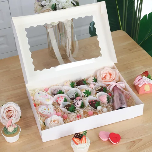 Miniatura 6 de TOMNK 25 piezas Cajas para galletas con ventana, 16x11x2.5 pulgadas Cajas de panadería grandes con despliegue automático para golosinas, postres