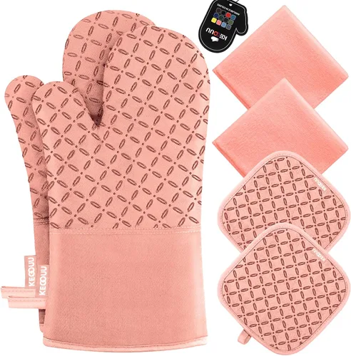 Miniatura 14 de KEGOUU Juego de 6 manoplas para horno y soportes para ollas, guantes para horno de cocina, resistentes al calor, 500 grados, extra largos