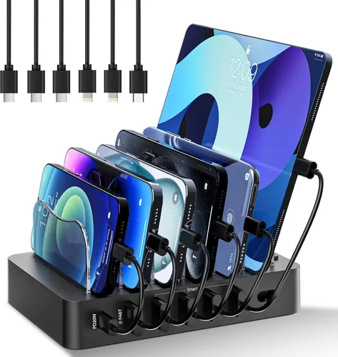 Estación de carga para múltiples dispositivos 68W 6 puertos cargador de teléfono Dock con 6 cables, estación de carga rápida negra de 20 W