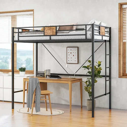 Marco de cama tipo loft de metal con escaleras y barandilla de longitud completa, color negro