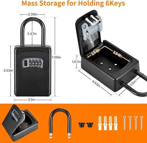 Miniatura 8 de Caja de cerradura portátil para llaves, números claramente visibles, caja de seguridad montada en la pared para llave de casa, capacidad de 5 Negro