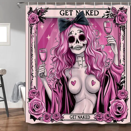 Miniatura 12 de Divertida cortina de ducha de esqueleto de calavera rosa, para Halloween, gótica, rosa, rojo, rosa, floral, vino tinto, terror, terror, cortina