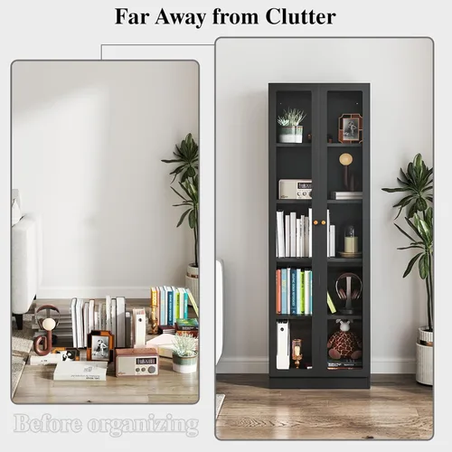 Miniatura 8 de IRONMIX - Vitrina de exhibición moderna con puertas, gabinete curio de metal con estantes, vitrinas de 180 cm de alto para coleccionables