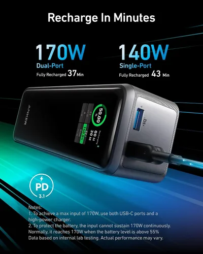 Miniatura 5 de Anker Prime Power Bank, cargador portátil de 27,650 mAh de 3 puertos y 250 W para viajes, aprobado por la TSA, aplicación inteligente, para MacBook