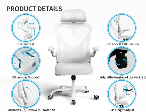 Miniatura 9 de Silla de oficina ergonómica blanca: Silla de escritorio de malla cómoda con soporte lumbar ajustable Silla de juegos de computadora de respaldo alto