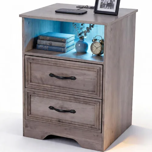 Miniatura 12 de LGHM Juego de 2 mesitas de noche con tira de luces de estación de carga, mesita de noche grande con 2 cajones, mesa auxiliar de cama decorativa