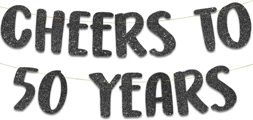 Cartel negro con purpurina preencordada con texto en inglés "Cheers to 50 Years", decoraciones para cumpleaños número 50 y aniversario para hombres
