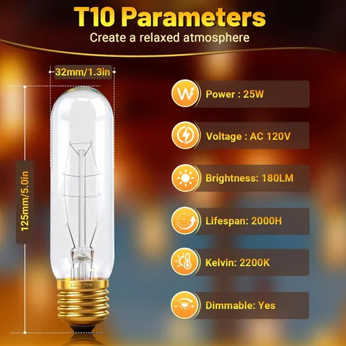 Miniatura 6 de Bombillas tubulares T10 de 25 W, bombilla incandescente, bombilla T10, 120 V, 25 W, 2200 K, bombillas de tubo E26, base media, regulables