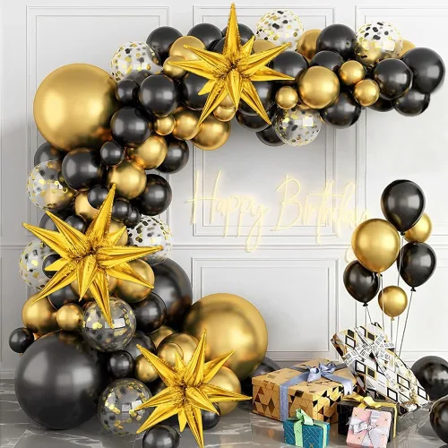 Kit de arco de globos negros y dorados de regreso a clases, 128 unidades, estrella de explosión, globos negros y dorados metálicos de 18/12/10/5