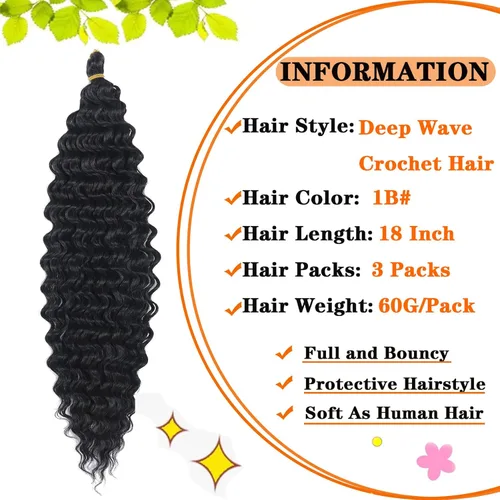 Miniatura 3 de Pelo ondulado de ganchillo de 18 pulgadas, cabello rizado trenzado, 3 paquetes de cabello trenzado de onda profunda para diosa, trenzas sin nudos