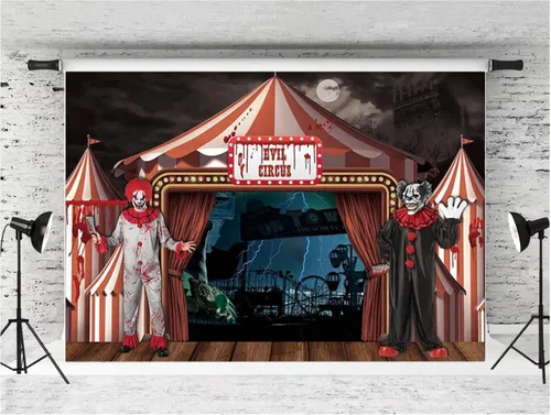 Miniatura 2 de Telón de fondo de fotografía de circo de terror, decoración de fiesta de Halloween, telón de fondo de carnaval, casa encantada, payaso gigante