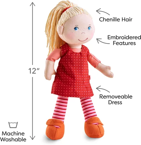 Miniatura 3 de HABA Muñeca Annelie suave de 12 pulgadas con pelo rubio, cara bordada, vestido rojo extraíble y diadema a juego, muñeca lavable para niños mayores