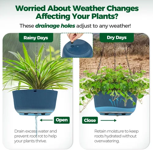Miniatura 5 de T4U Macetas colgantes de 8 pulgadas para plantas de interior y exterior, juego de 2 macetas auto-regantes con agujero de drenaje, tapón y cadena