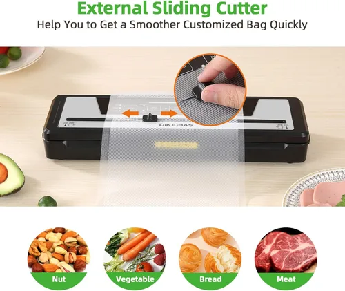 Miniatura 3 de Máquina selladora al vacío DIKEIBAS con 10 bolsas y rollo de bolsa de 10 pies Potente succión de 85kPa Sellador automático de alimentos