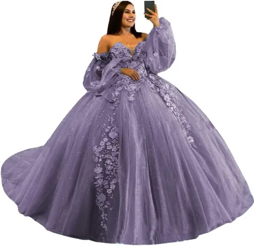 Youjiayi Vestidos de quinceañera de manga hinchada, vestido de baile 3D floral dulce 15 16 vestidos de hombro descubierto vestidos de baile con cola