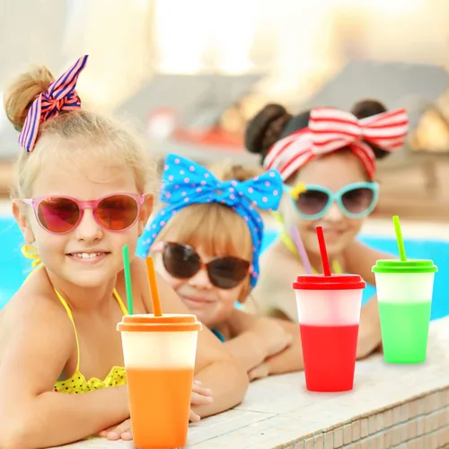 Miniatura 5 de FIEKEICC Vasos que cambian de color, 10 vasos de plástico de 12 onzas con tapas y pajitas para batidos de café helado, vasos reutilizables a prueba