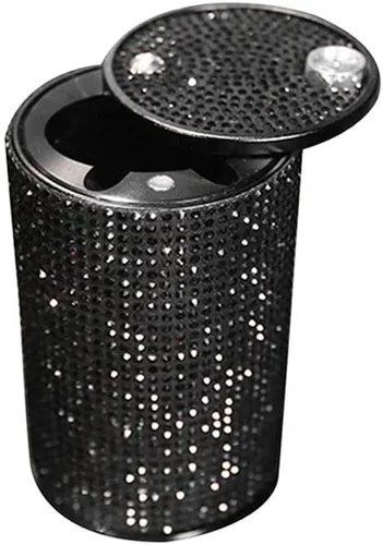 Cenicero portátil con tapa, a prueba de olores, cenicero de automóvil de diamantes de cristal para mujeres, mini bote de basura ideal para Negro