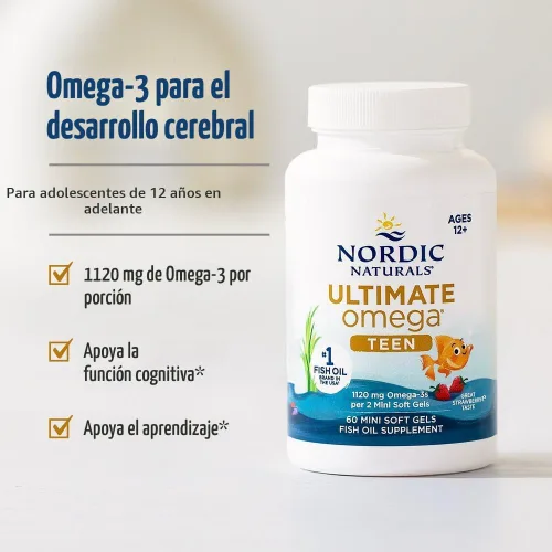 Miniatura 3 de Nordic Naturals Ultimate Omega 2X Teen, Fresa - 60 mini geles blandos - 1120 mg Omega-3 totales con EPA y DHA - Salud cerebral, estado de ánimo