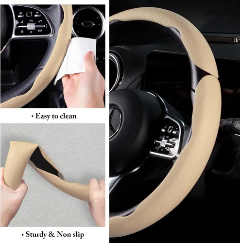 Miniatura 6 de Funda para volante de coche de piel con cierre de presión 3 piezas, antideslizante, protector envolvente, accesorios para volante, 36.8-38 cm