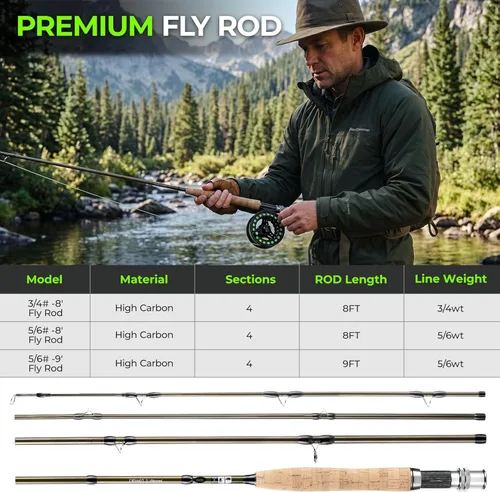 Miniatura 5 de TOPFORT Combo de caña y carrete para pesca con mosca, kit de inicio de 4 piezas, caña ultraportátil ligera de grafito, paquete completo de inicio