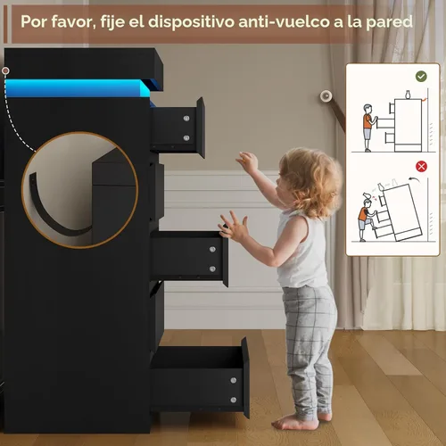 Miniatura 6 de HAUOMS Cómoda alta de 5 cajones con luz LED, cómoda moderna negra para dormitorio, cómodas de armario con cajones para sala de estar, entrada