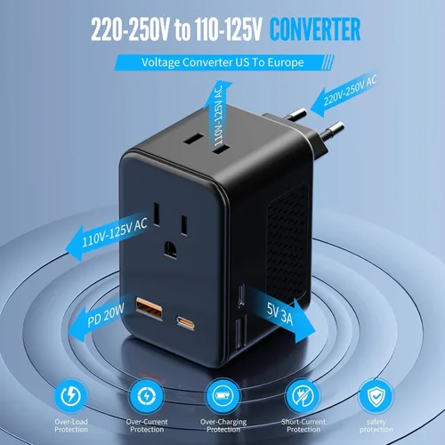 Miniatura 2 de Convertidor de voltaje de 220 V a 110 V de EE. UU. a Europa, adaptador de viaje convertidor de enchufe para Europa con 20 W PD y 2USB-A y 2USB-C