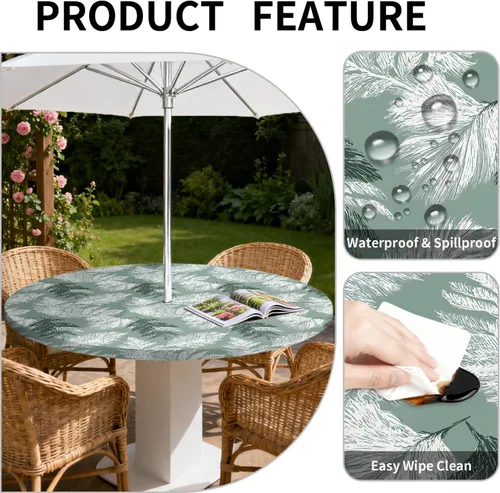 Miniatura 4 de Mantel para exteriores con agujero para sombrilla y cremallera, impermeable, redondo, ajustable con borde elástico, mantel lavable para mesa al aire